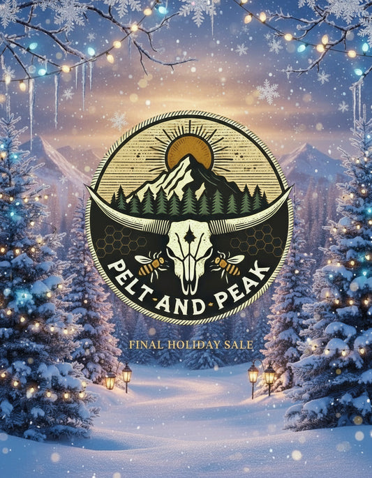 Logo with mountain, trees, and skull design on a black background, featuring the text 'Pelt and Peak'.